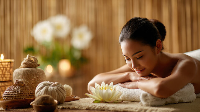 Relaxed asian woman enjoying spa treatment with lotus flower and candles