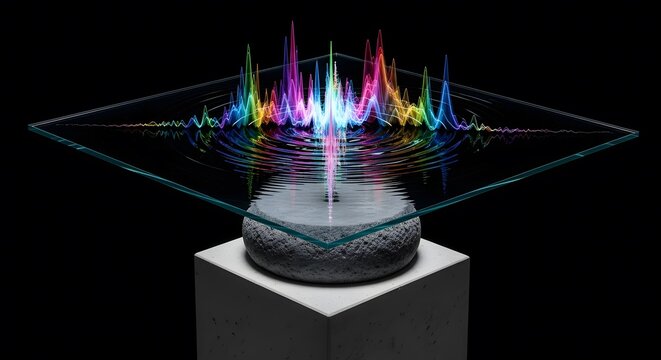 Spectral waveforms refract from glass surface creating vibrant colors