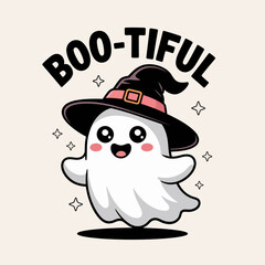 Blushing ghost with sparkles and purple hat, boo-tiful caption beneath, simple and magical Halloween cartoon look  