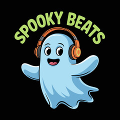 Blue ghost with glowing eyes wearing headphones, spooky beats phrase in curved green style, Halloween jam session theme  