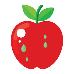 Vibrant red apple illustration with realistic 3d style droplets and reflective highlights