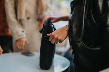 Women engaging in a discussion with one holding a black bag. The scene suggests an outdoor casual...