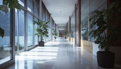 Modern office hallway features green plants, frosted glass windows creating serene workspace. Sleek interior design with polished floors reflects bright natural light. Contemporary architecture