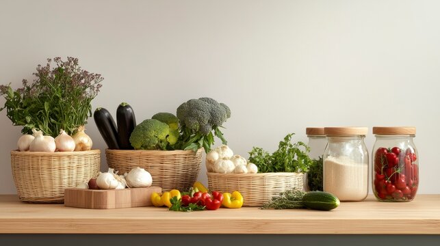 Fresh vegetables and herbs in wicker baskets on a kitchen counter. - Powered by Adobe