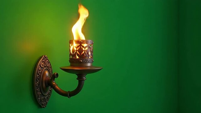 A charming wall sconce emits a flickering flame against a backdrop of verdant green, casting a warm glow and showcasing vintage design.
