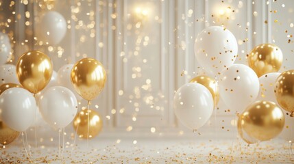 3d luxury birthday balloons background with gold and white foil balloons, soft ambient lighting, elegant confetti accents, sophisticated and upscale party atmosphere