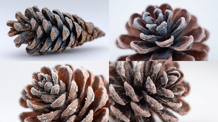 Four close-up views of frosted pine cones on a white background