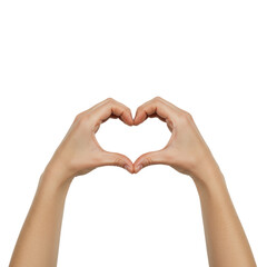 Fototapeta premium Adult human hands with light skin tone forming a symmetrical heart shape, isolated on a pristine transparent seamless background with ample copy space, soft shadowless lighting, concept of love and