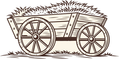 Fototapeta premium Vintage Wooden Cart with Hay – Hand-Drawn Farm Illustration