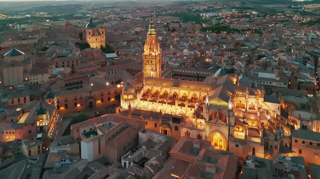 Aerial night view of the historic cityscape of Toledo, Castilla-La Mancha, Spain