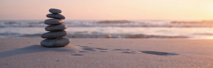 Stack of balanced stones on a sandy beach at sunset. Calm sea waves wash ashore under a soft sky. Represents zen, harmony, and meditation concept. Natural beauty promotes relaxation and inner peace.