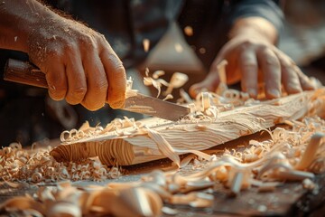 Close-up of hands carving wood with a chisel, surrounded by wood shavings. Concept of craftsmanship, woodworking, handmade art, or traditional skills