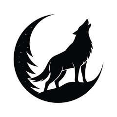 Silhouette of a wolf howling at the moon with stars