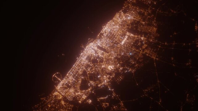 Dubai (UAE) aerial view at night. Satellite view on modern city with street lights. Camera is flying above the city, moving forward