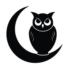 Stylized black owl sitting on a crescent moon