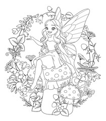 Beautiful fairy with wings sitting on a mushroom surrounded by flowers. Vector coloring page illustration.
