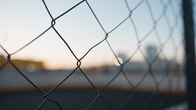 Chain link fence in shallow focus with out of focus high rise cityscape behind glowing at dusk, metal grid dominating frame, subtle bokeh lights, textured barrier offering industrial urban atmosphere