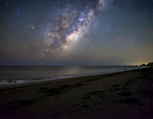 Stunning Milky Way glowing over a quiet beach at night, where starlight meets gentle waves in a serene and cosmic seascape.
