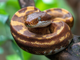 Fototapeta premium Closeup of a coiled snake in tropical jungle foliage, showcasing exotic wildlife and patterns