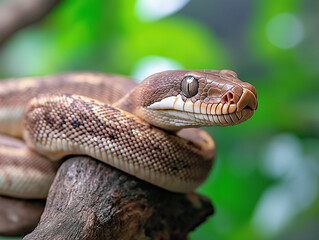 Fototapeta premium Python snake with distinctive scales in a wildlife setting on a jungle branch