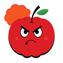 Frowning red apple cartoon character with expressive eyebrows and a grumpy demeanor