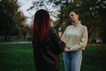 Two women engaged in a thoughtful conversation while standing in a scenic park. The expression of...
