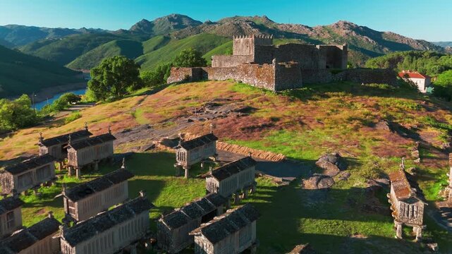 Aerial View of Lindoso Castle and Traditional Granaries in Portugal