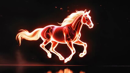A powerful running horse made of glowing fire and light, a seamless looping animation on a dark background with reflections.