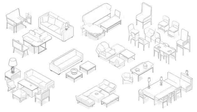 Modern furniture collection presented as clean line art technical drawings. Isometric set includes variety of seating options like chairs, sofas, sectional couches, alongside tables, lamps, perfect