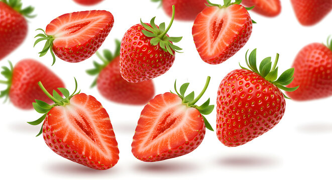 fresh strawberries floating mid-air on a clean white background