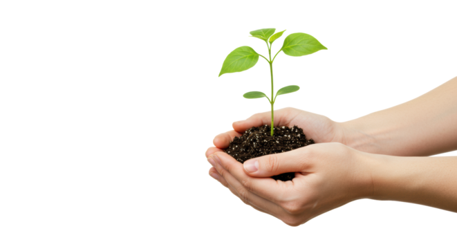 Light-skinned adult hands gently cupping a vibrant young green seedling with unfurling leaves and visible roots in dark soil, against a transparent background with copy space, bright studio light.