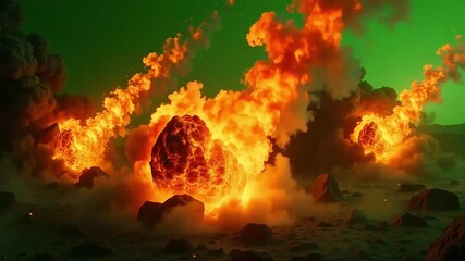 Fiery meteors streak across a rocky alien landscape, casting an ominous glow over the terrain and creating a dynamic cosmic scene. - Powered by Adobe