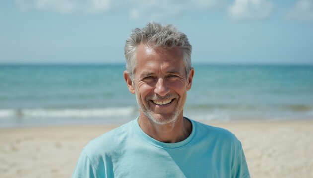 Happy senior man with grey hair smiles at beach. Wears sunglasses, blue t-shirt. Calm turquoise ocean waves, bright sunny sky form background for portrait. Captures carefree, active, retired - Powered by Adobe