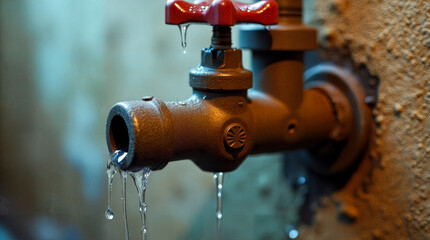 Close-up of a rusty water valve leaking and dripping, mounted on an old wall with visible moisture and corrosion.