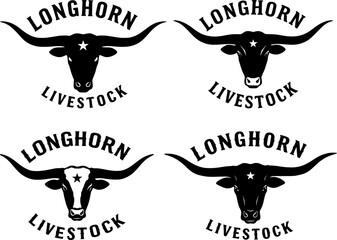 Longhorn livestock logo collection with bull heads and text black circular emblems western ranch cattle design elements set