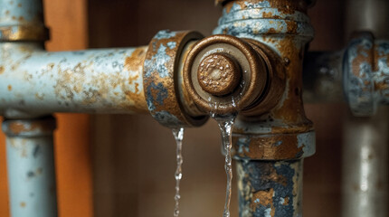 Close up of corroded metal pipe leaking water, highlighting rust damage and decay in an aging plumbing system.