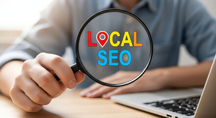 Magnifying glass highlighting “LOCAL SEO” text with map pin icon and laptop background, illustrating small business search optimization and local marketing concept