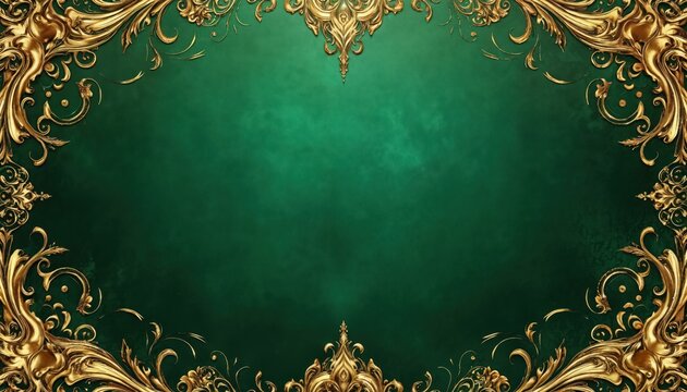 Rich emerald green background framed by glimmering ornate gold floral ornaments. This luxurious, elegant design features intricate patterns, swirls, creating sophisticated, opulent, captivating look.