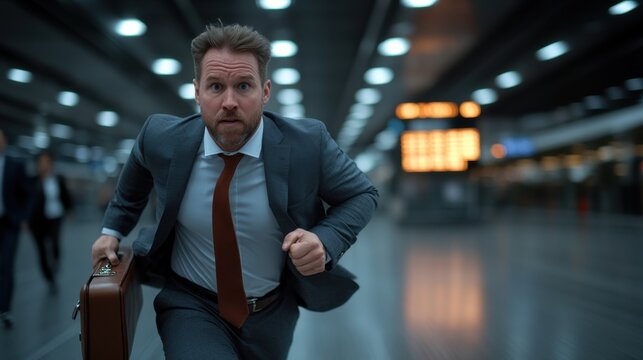 Caucasian male adult running in airport with briefcase and determined expression - Powered by Adobe