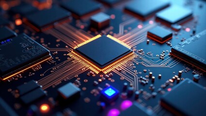 Obraz premium Closeup Dark Blue Circuit Board Central Processor Orange Glow