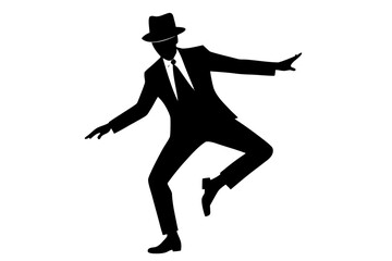 Dancing man in suit and hat black silhouette vector illustration