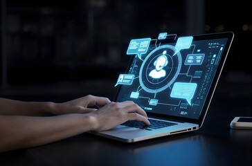 A woman and a man in an office are using computers and smartphones for digital communication and business