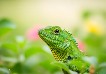 Fototapeta premium Green Lizard Resting Among Leaves in Natural Habitat