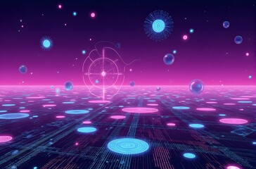 A vibrant abstract digital background of a night city glows with bright blue lights under a starry sky