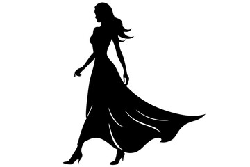 Elegant woman in long dress walking silhouette vector illustration