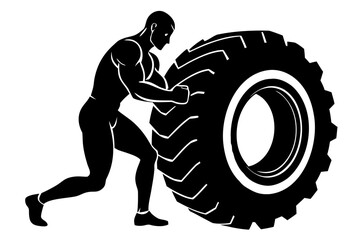 Man pushing large tire workout training silhouette vector illustration
