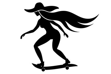 Woman with hat riding skateboard silhouette vector illustration