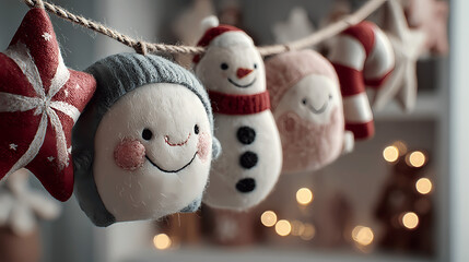 Naklejka premium Charming handmade Christmas ornaments hanging with blurred background and bokeh lights.