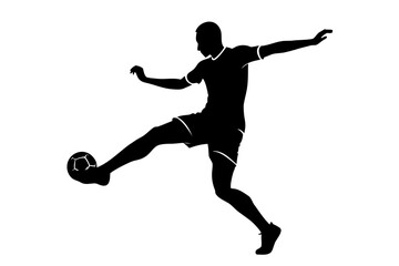 Soccer player kicking ball in black silhouette vector illustration