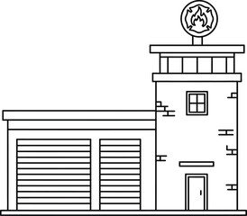 Line Art Fire Station Design A simple, black and white representation of a fire station for coloring pages and educational materials to convey safety and community services. 
